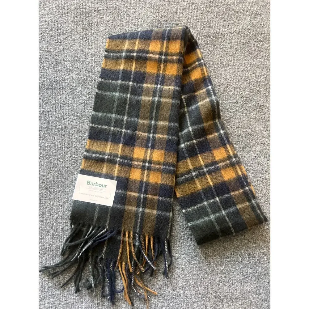 NWT Barbour Check Tartan Plaid Unisex Lambswool Cashmere Blend Fringe Wrap Scarf